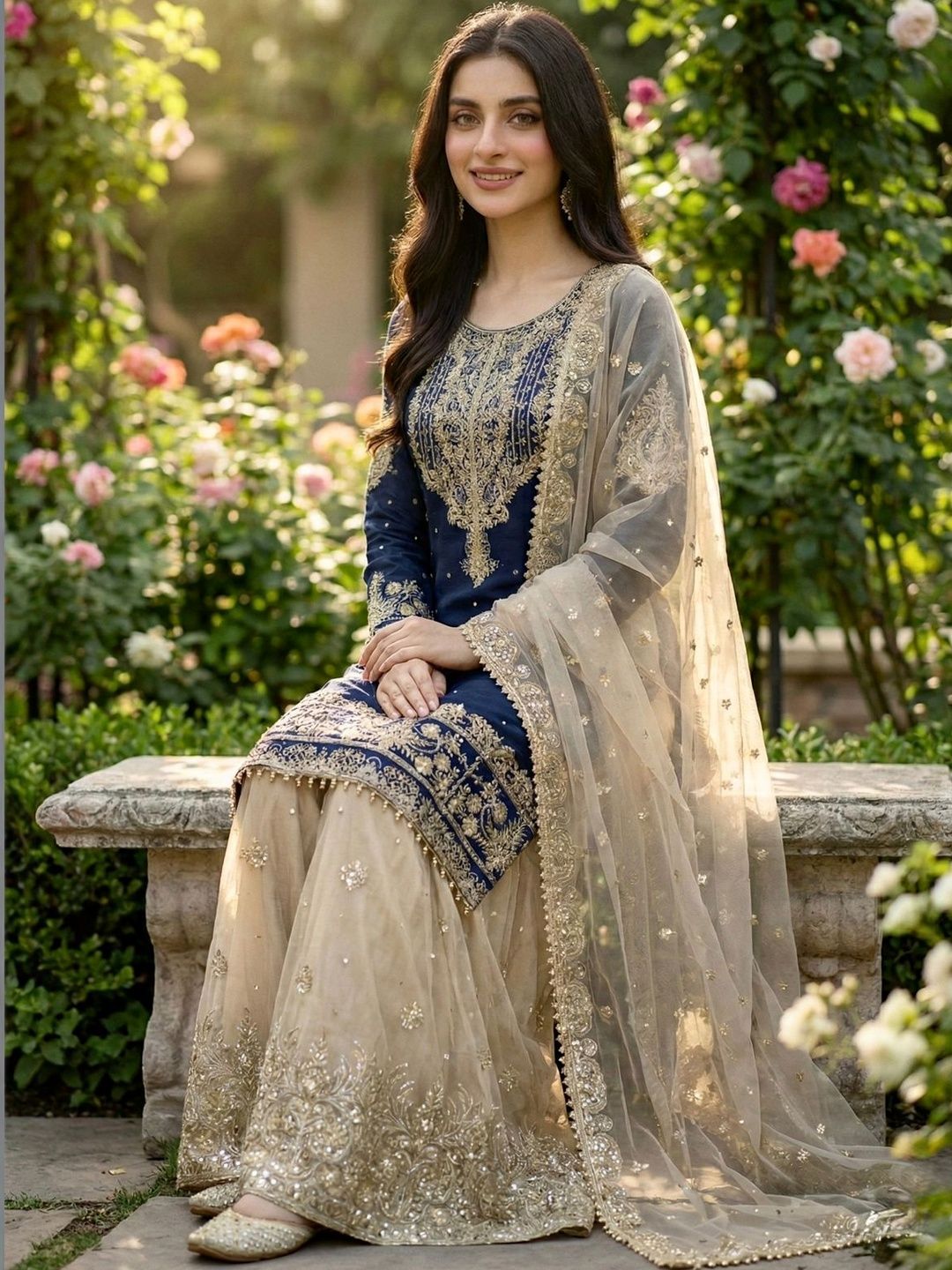 Dhiyona KL Women Floral Embroidered Regular Thread Work Kurta with Sharara & With Dupatta