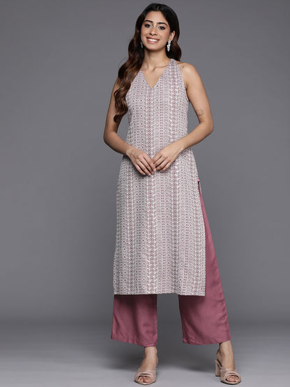 Mauve Mauve Floral Woven Design Sleeveless Straight Kurta with Palazzos
