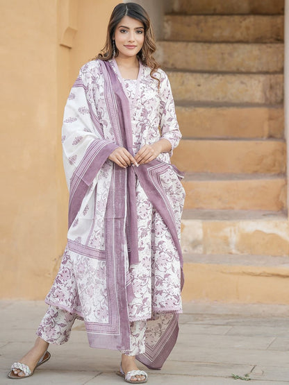Dhiyona KL V-Neck Floral Printed Regular Thread Work Pure Cotton Kurta Set