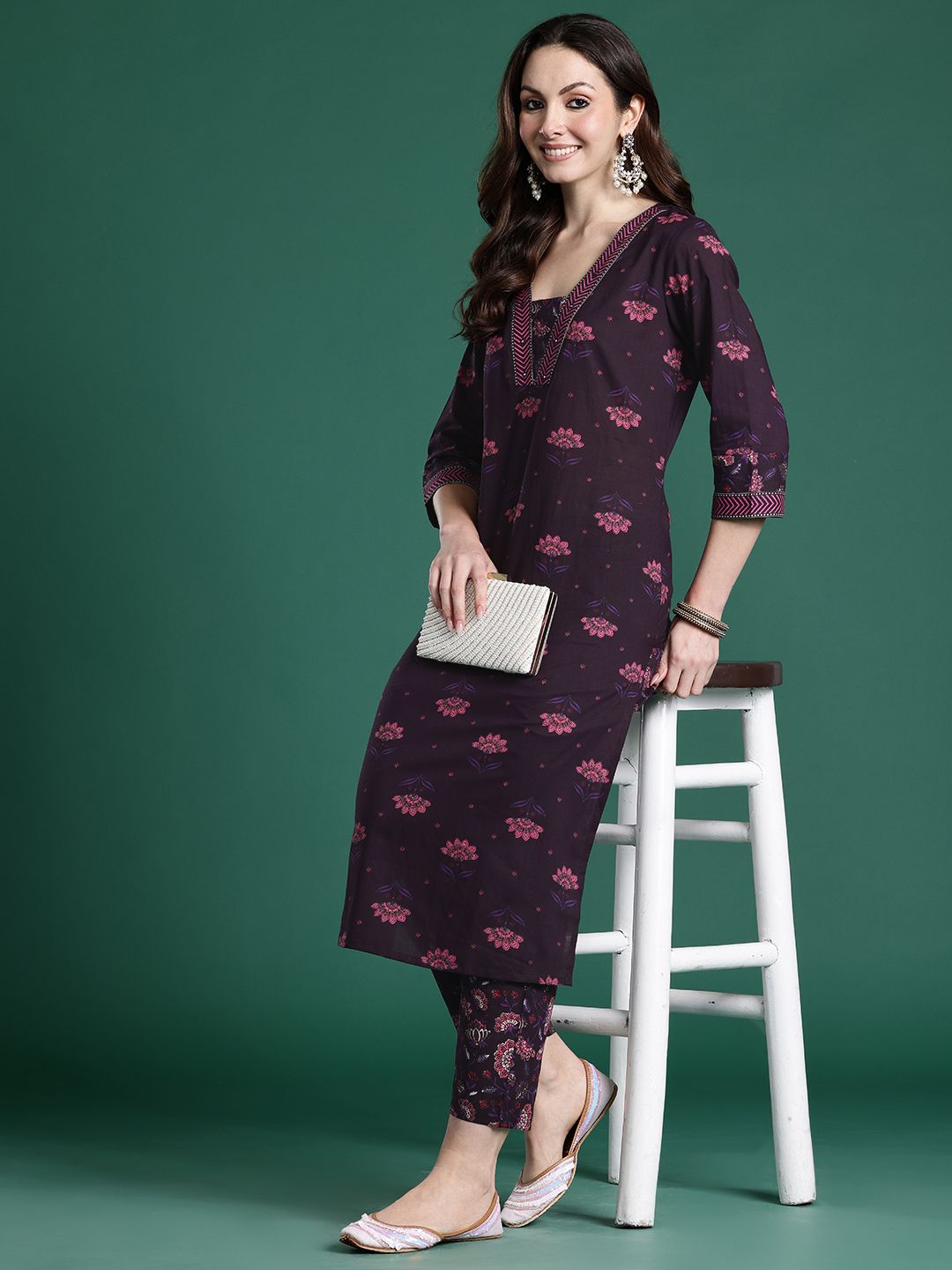 Dhiyona IE Floral Printed Beads & Stones Pure Cotton Kurta with Trousers