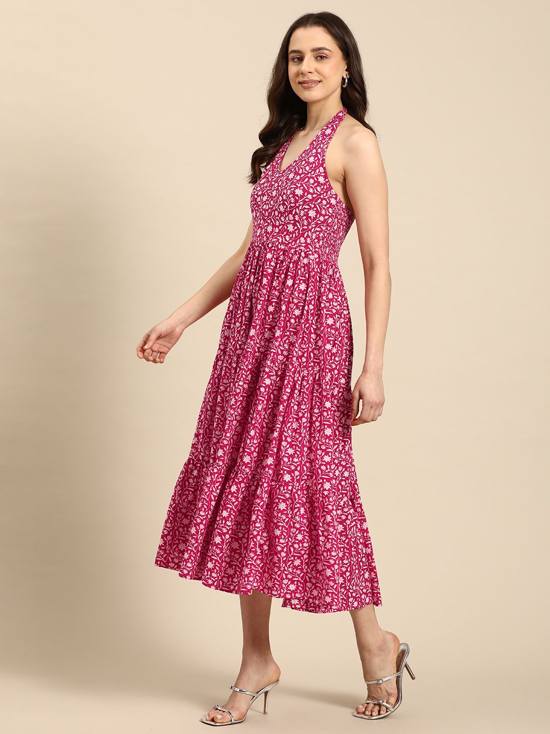 Dhiyona AY Women's Floral Print Halter Neck Fit & Flare Pure Cotton Midi Dress
