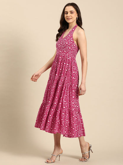Dhiyona AY Women's Floral Print Halter Neck Fit & Flare Pure Cotton Midi Dress
