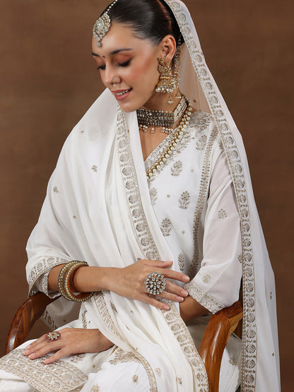 Floral Embroidered Sequinned Georgette Straight Kurti With Palazzos & Dupatta