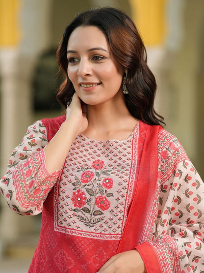 Dhiyona RR Women's Bandhani Printed Sequinned Chanderi Cotton Kurta With Trousers & Dupatta