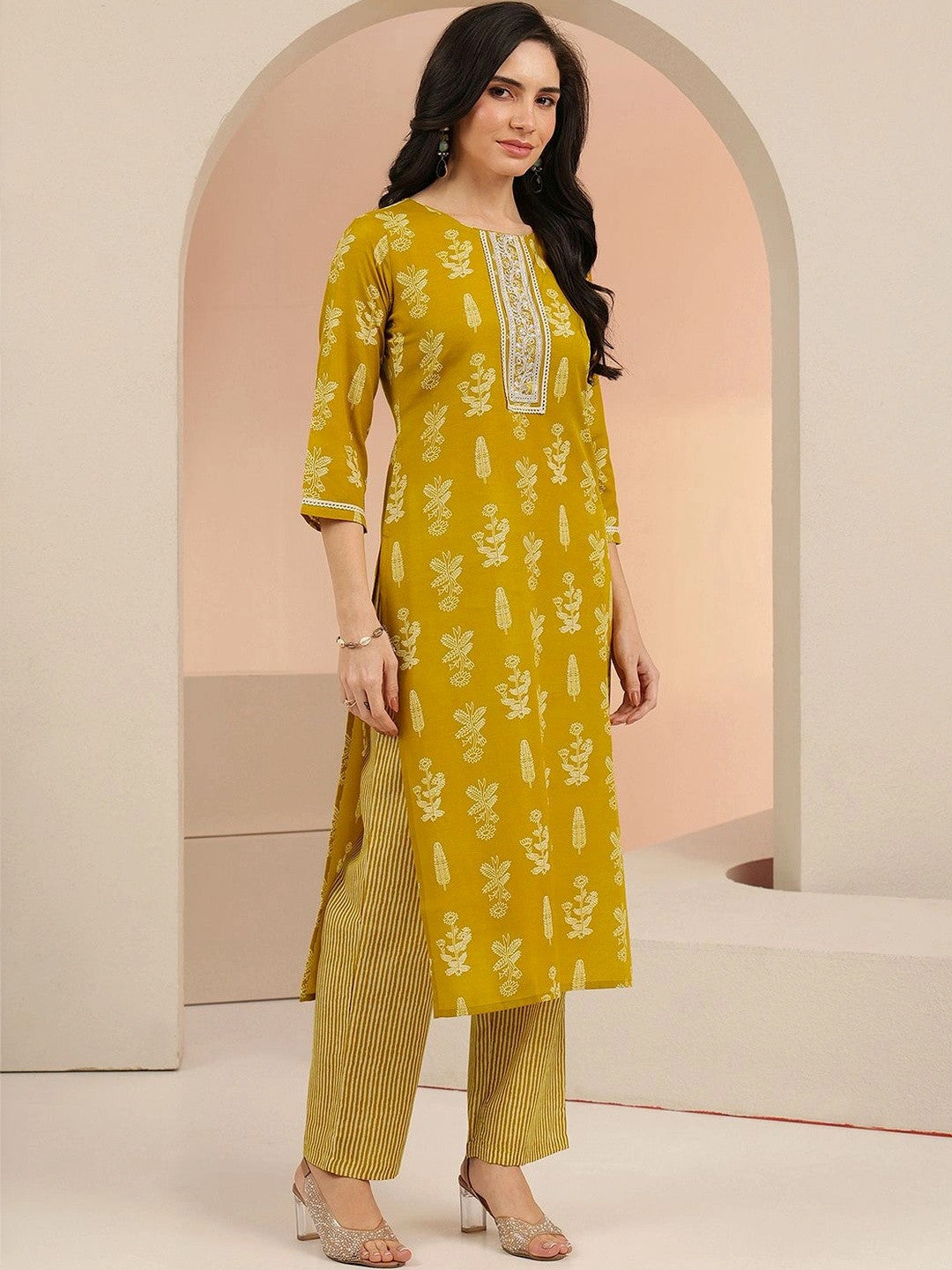 Mustard Floral Printed Cotton Blend Straight Suit Set
