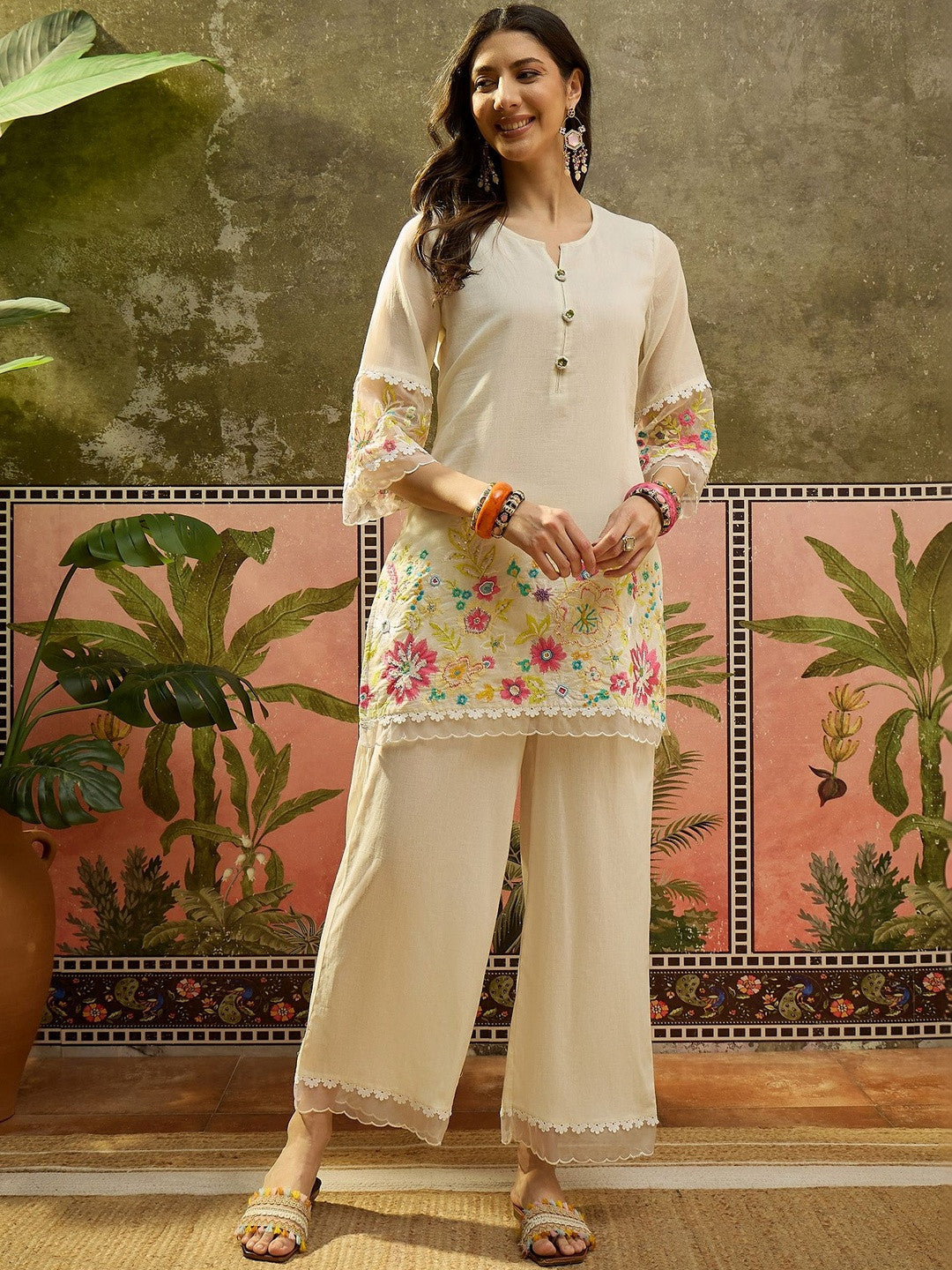 Embroidered Pure Cotton Round Neck Kurti & Trousers
