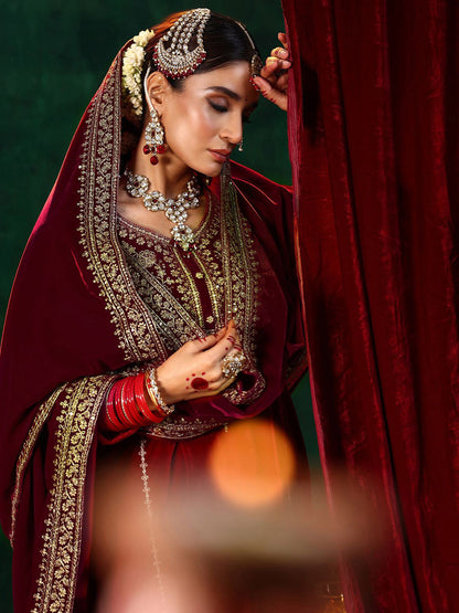 Floral Embroidered Velvet Straight Kurta With Trousers & Dupatta