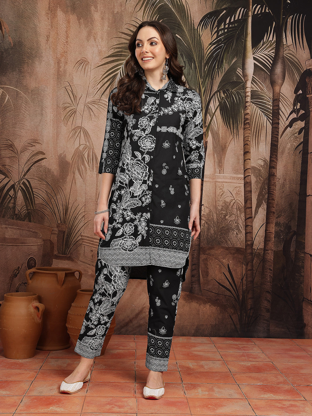 Floral Printed Monochrome Pure Cotton Kurta with Trousers