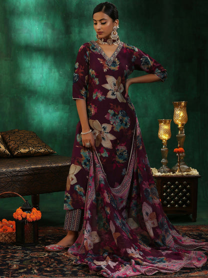 Women's LB Burgundy Printed Silk Blend Straight Suit With Dupatta