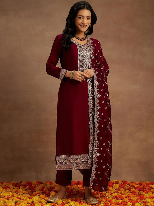 Women Ethnic Motifs Yoke Design Regular Sequinned Kurta with Trousers & With Dupatta