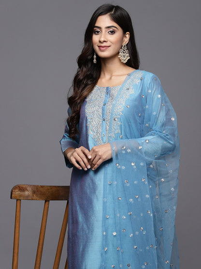 Blue Floral Embroidered Chanderi Silk Kurta With Trousers & Dupatta