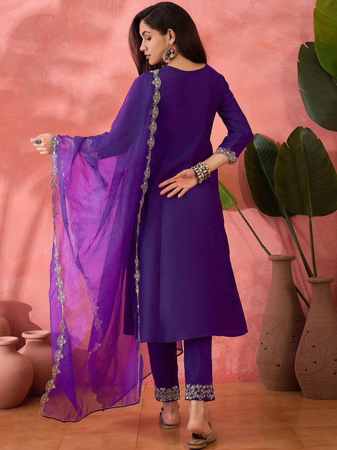 Purple Woven Design Yoke Design Kurta With Trouser And Dupatta et