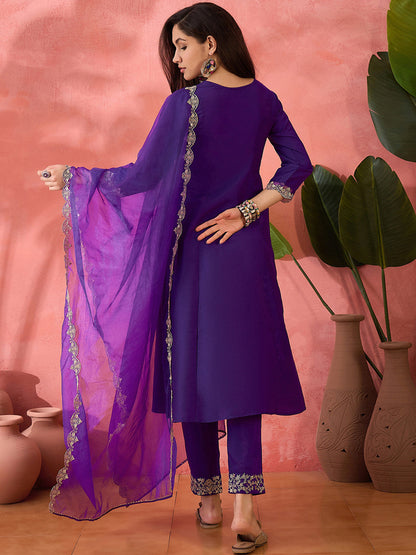Purple Woven Design Yoke Design Kurta With Trouser And Dupatta et