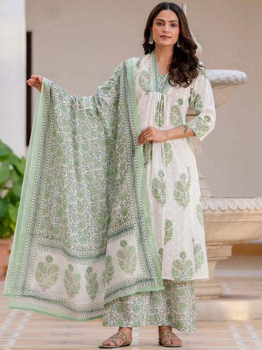 Dhiyona KL Floral Printed Pleated Pure Cotton A-Line Kurta with Trousers & Dupatta