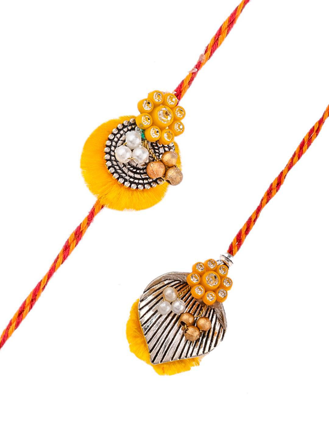 Dhiyona Gold Toned Beaded Bhaiya Bhabhi Thread Rakhis With Roli, Chawal & Greeting Card