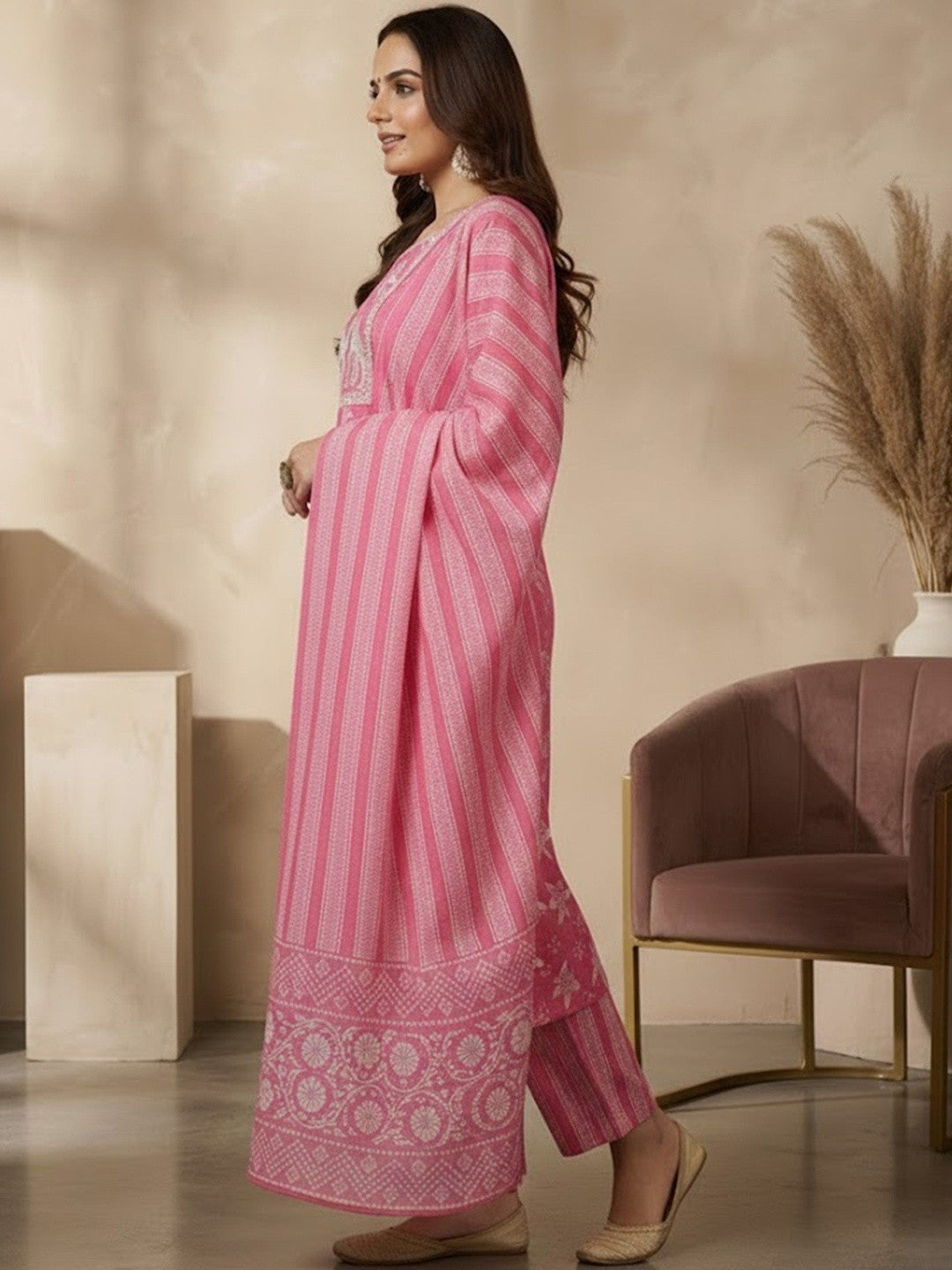 Printed Pure Cotton Round Neck Kurta & Trousers With Dupatta