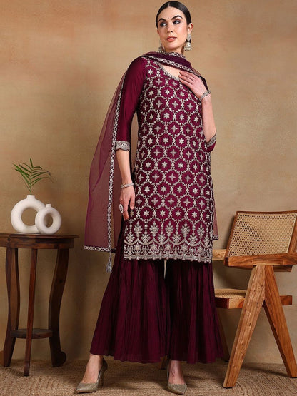 Dhiyona KL Women Ethnic Motifs Embroidered Regular Thread Work Kurta with Sharara & With Dupatta