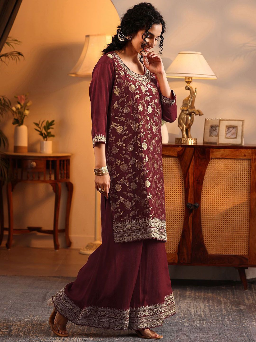 Dhiyona LL Floral Woven Design Straight Zari Kurta With Palazzos & Dupatta