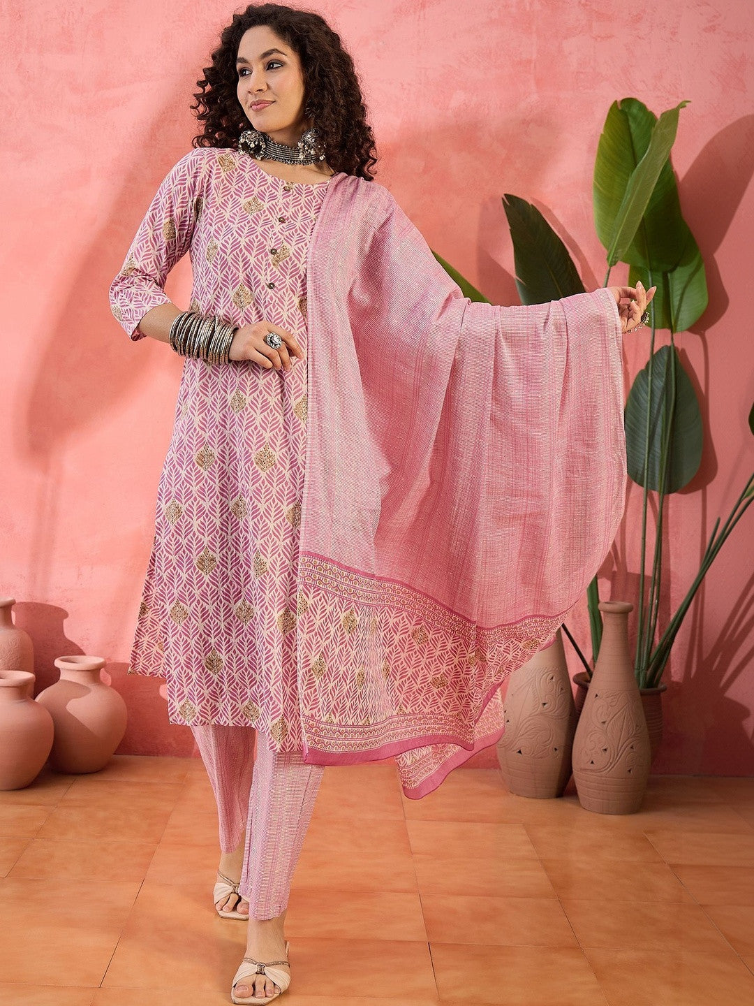 Printed Pure Cotton Round Neck Kurta & Trousers Kurta Sets