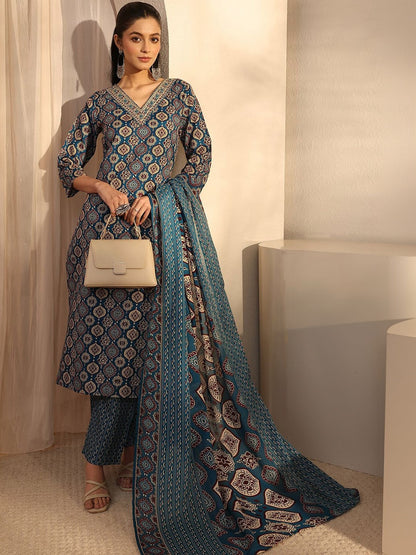 Women Ethnic Motifs Printed Regular Thread Work Kurta with Trousers & With Dupatta