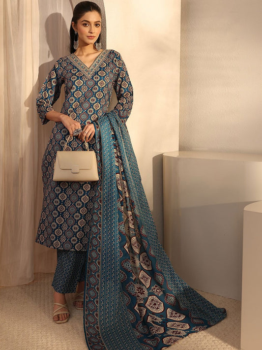 Women Ethnic Motifs Printed Regular Thread Work Kurta with Trousers & With Dupatta