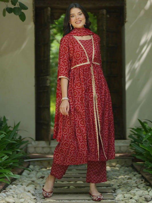 Women's LB Red Printed Silk Blend A-Line Kurta With Trousers & Dupatta