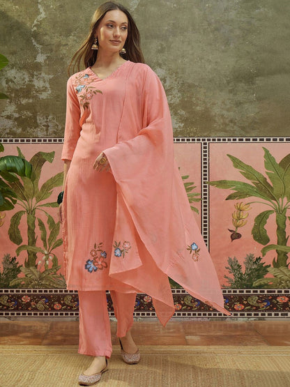 Embroidered V-Neck Kurta & Trousers With Dupatta