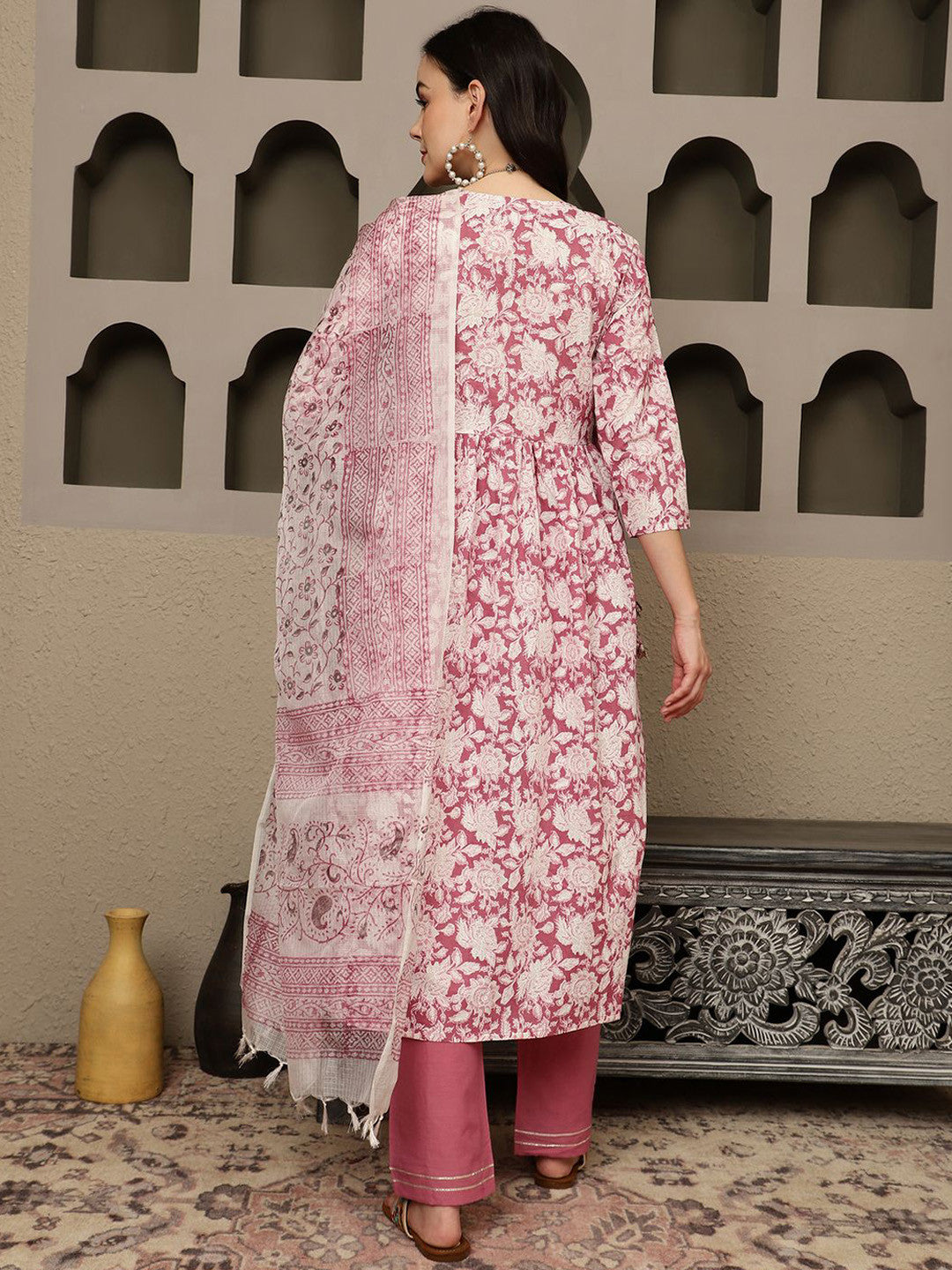 Mauve Floral Embroidered Pure Cotton Sequinned Kurta Kurta With Trousers & Dupatta