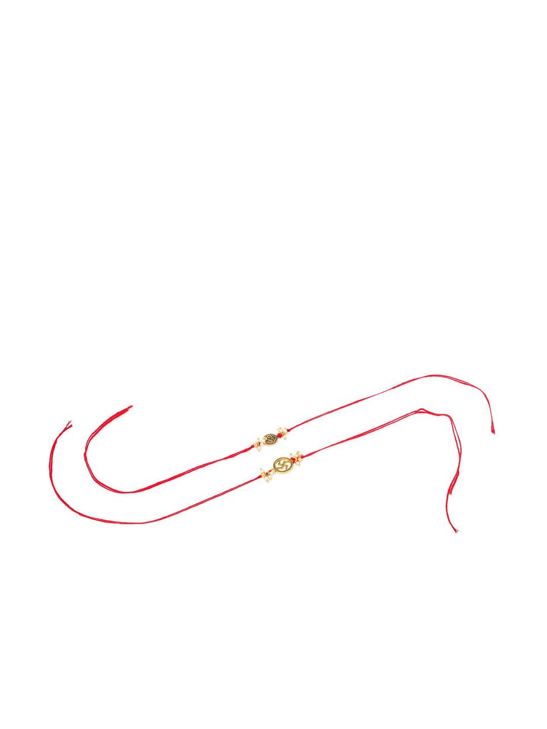 Dhiyona Men Set Of 2 Gold Toned Pearls Swastik Desgin Thread Rakhi With Roli Chawal