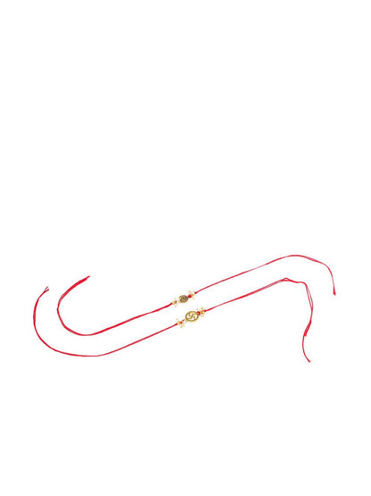 Dhiyona Men Set Of 2 Gold Toned Pearls Swastik Desgin Thread Rakhi With Roli Chawal