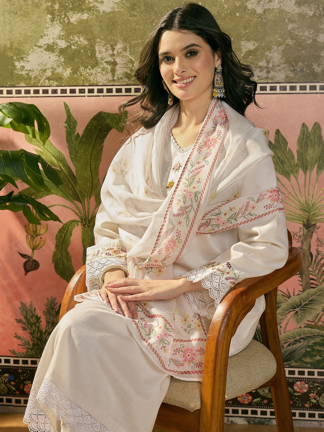 Embroidered V-Neck Kurta & Trousers Kurta Set