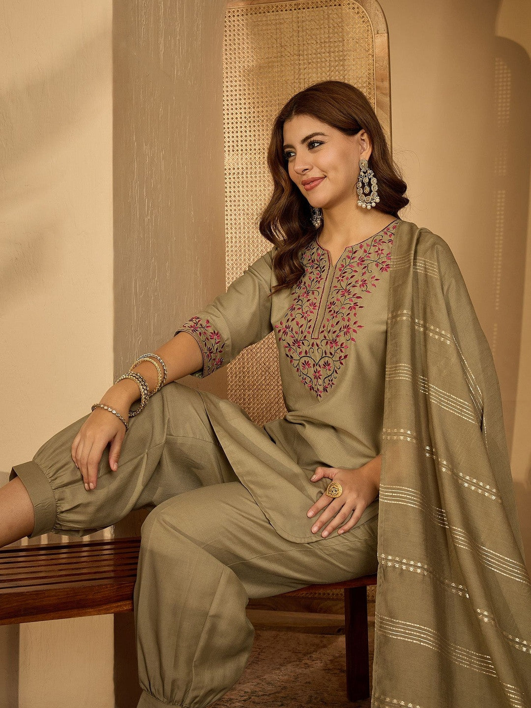 Women Olive Embroidered Kurta Sets With Dupatta