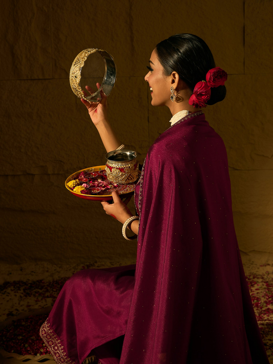 Women's Maroon Embroidered Straight Kurta Trousers With Dupatta set