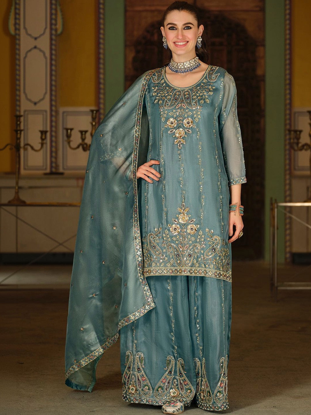 Women Paisley Embroidered Regular Beads and Stones Kurta with Palazzos & With Dupatta