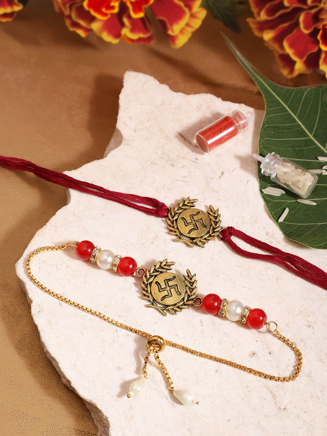 Dhiyona Unisex Set of 2 Beaded Bhai Bhabhi Rakhis With Roli & Chawal