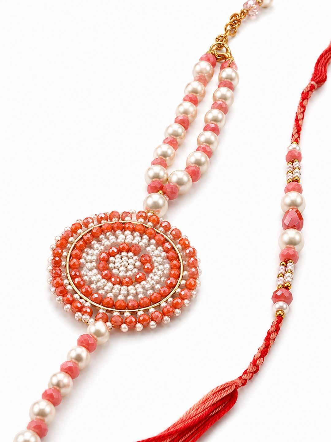 Dhiyona Set Of 2 Gold Toned Pearls & Beads Round Shape Bhaiya Bhabhi Rakhi With Roli Chawal