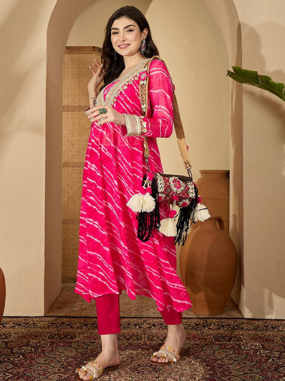 Women Leheriya Printed Regular Mirror Work Kurta with Trousers