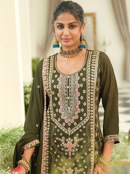 Dhiyona IE Women Ethnic Motifs Embroidered Regular Thread Work Kurta with Palazzos & With Dupatta