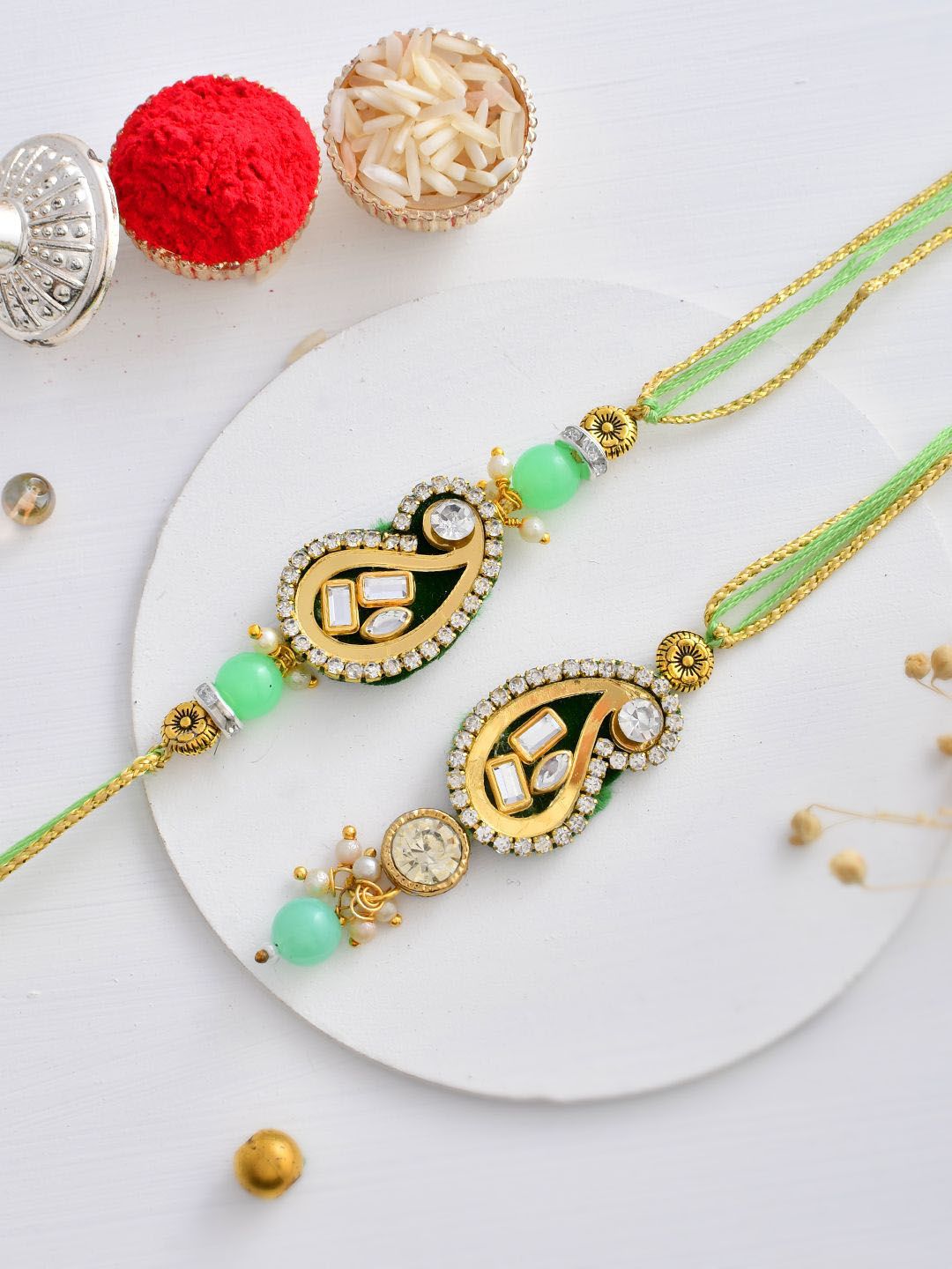 Dhiyona Green Kundan-Studded & Beaded Bhaiya Bhabhi Thread Rakhi