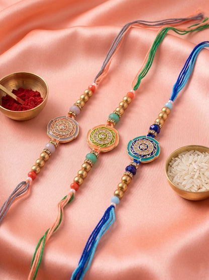 Dhiyona Set Of 3 Floral Design Multicolor Artificial Beads Thread Rakhi With Roli Chawal