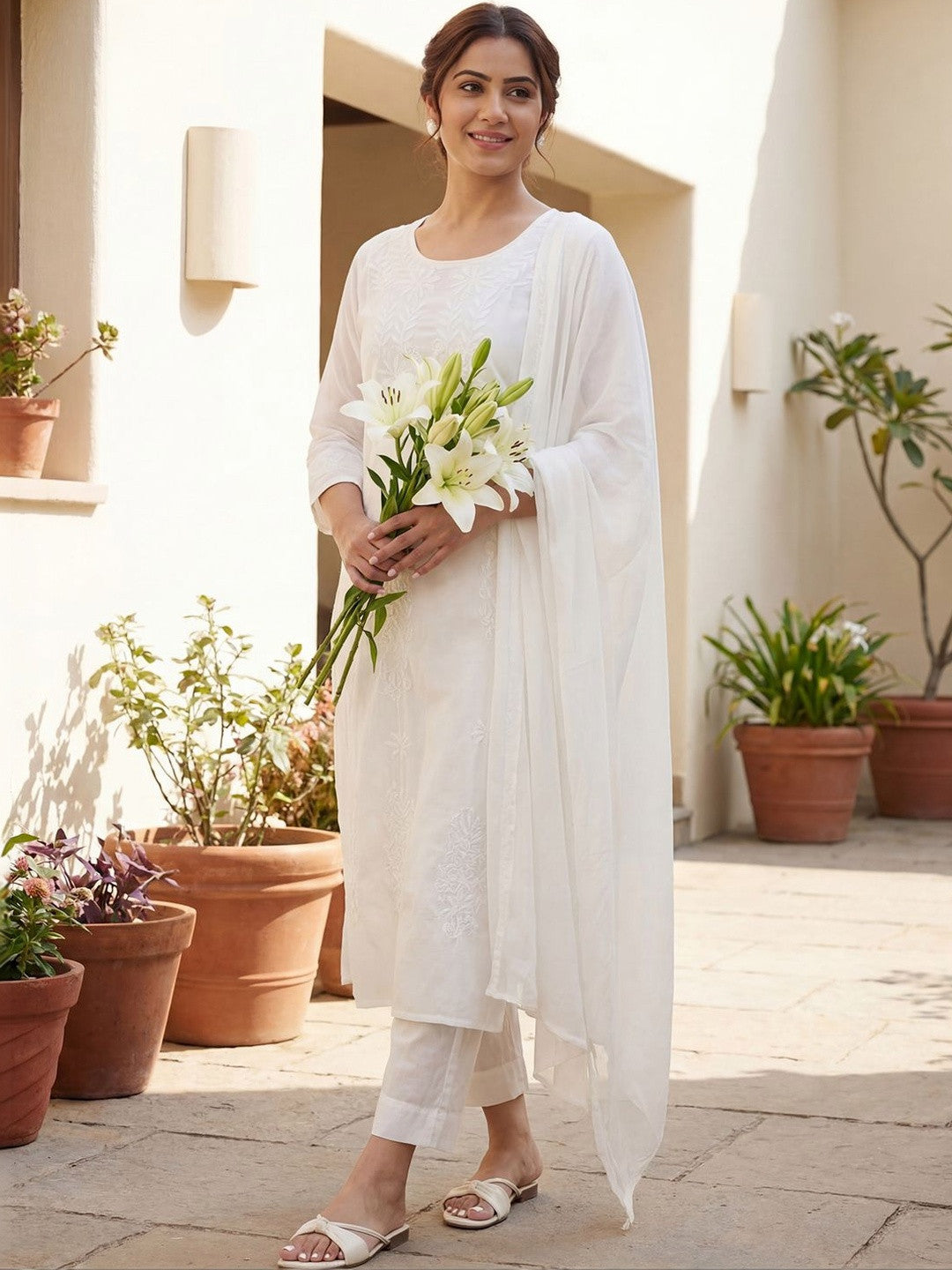 Women Ethnic Motifs Embroidered Regular Chikankari Pure Cotton Kurta with Trousers & With Dupatta