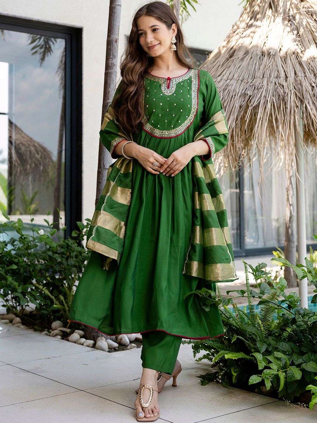 Dhiyona KL Ethnic Motifs Embroidered Sequinned Chanderi Silk Kurta With Trousers & Dupatta