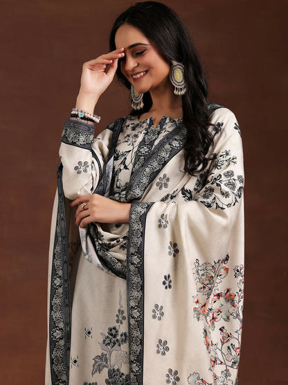 Women's LB Monochrome Printed Silk Blend Straight Suit With Dupatta