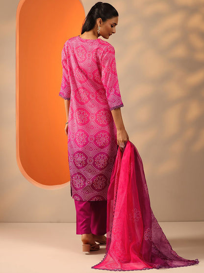 Bandhani Printed V-Neck Sequinned Straight Kurta With Trouser And Dupatta