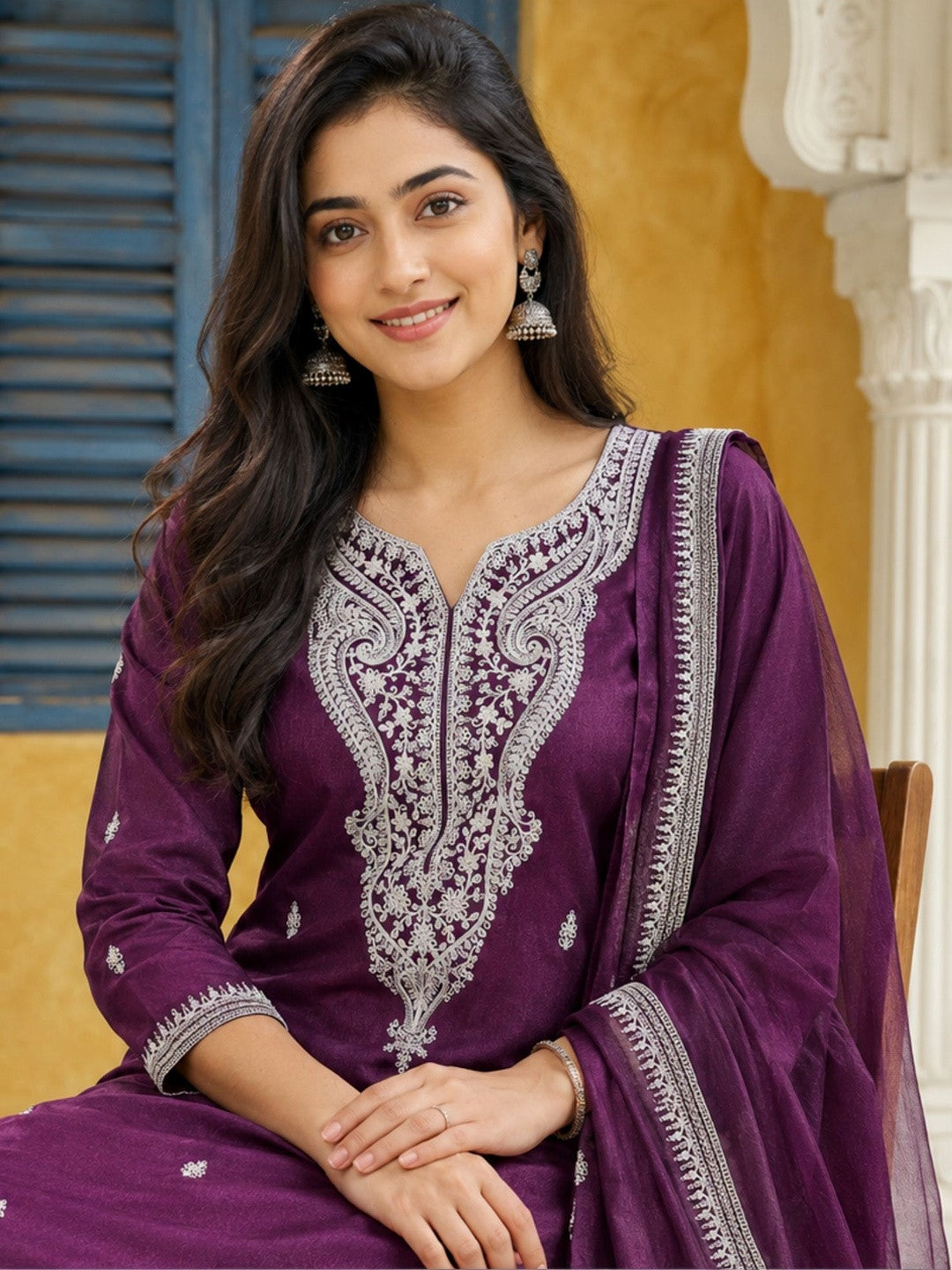 Women Ethnic Motifs Embroidered Regular Thread Work Kurta with Palazzos & With Dupatta
