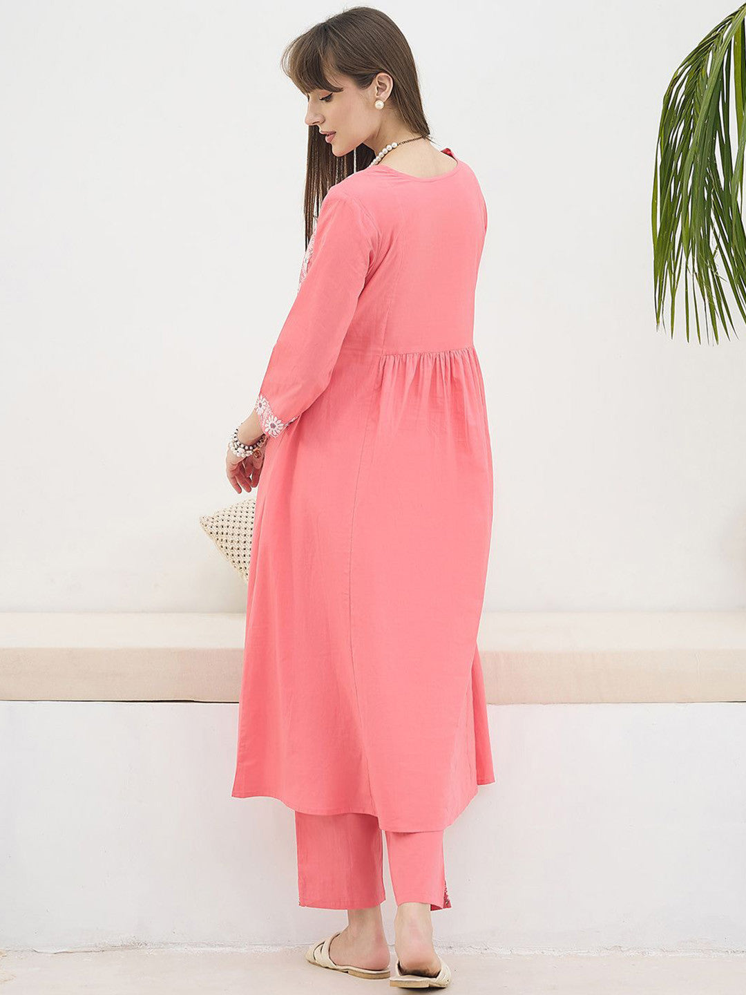 Floral Embroidered Thread Work Pure Cotton Kurta With Trousers