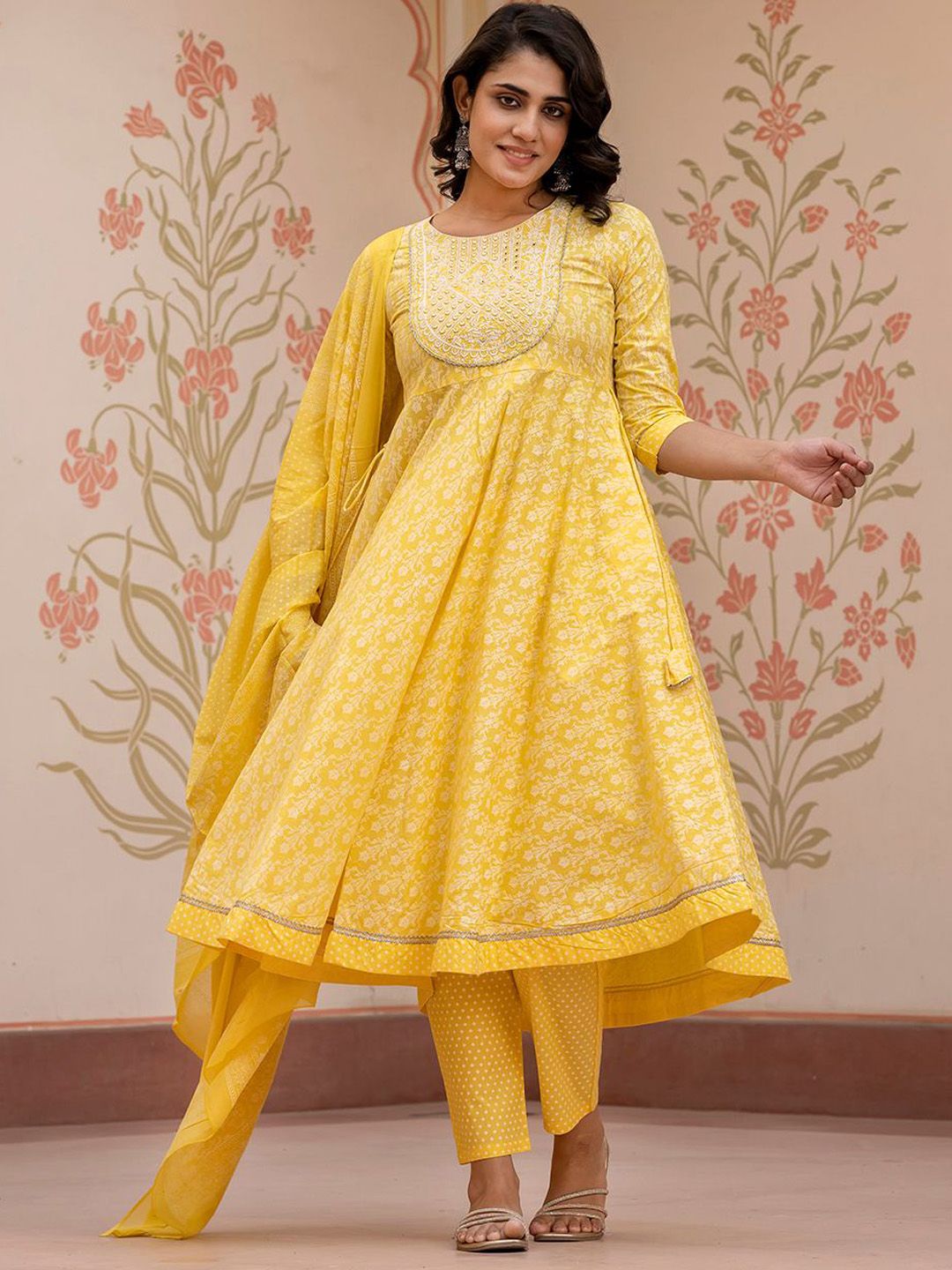 Dhiyona KL Floral Printed Mirror Work Anarkali Pure Cotton Kurta With Trousers & Dupatta