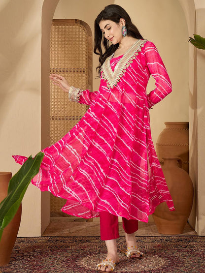Women Leheriya Printed Regular Mirror Work Kurta with Trousers