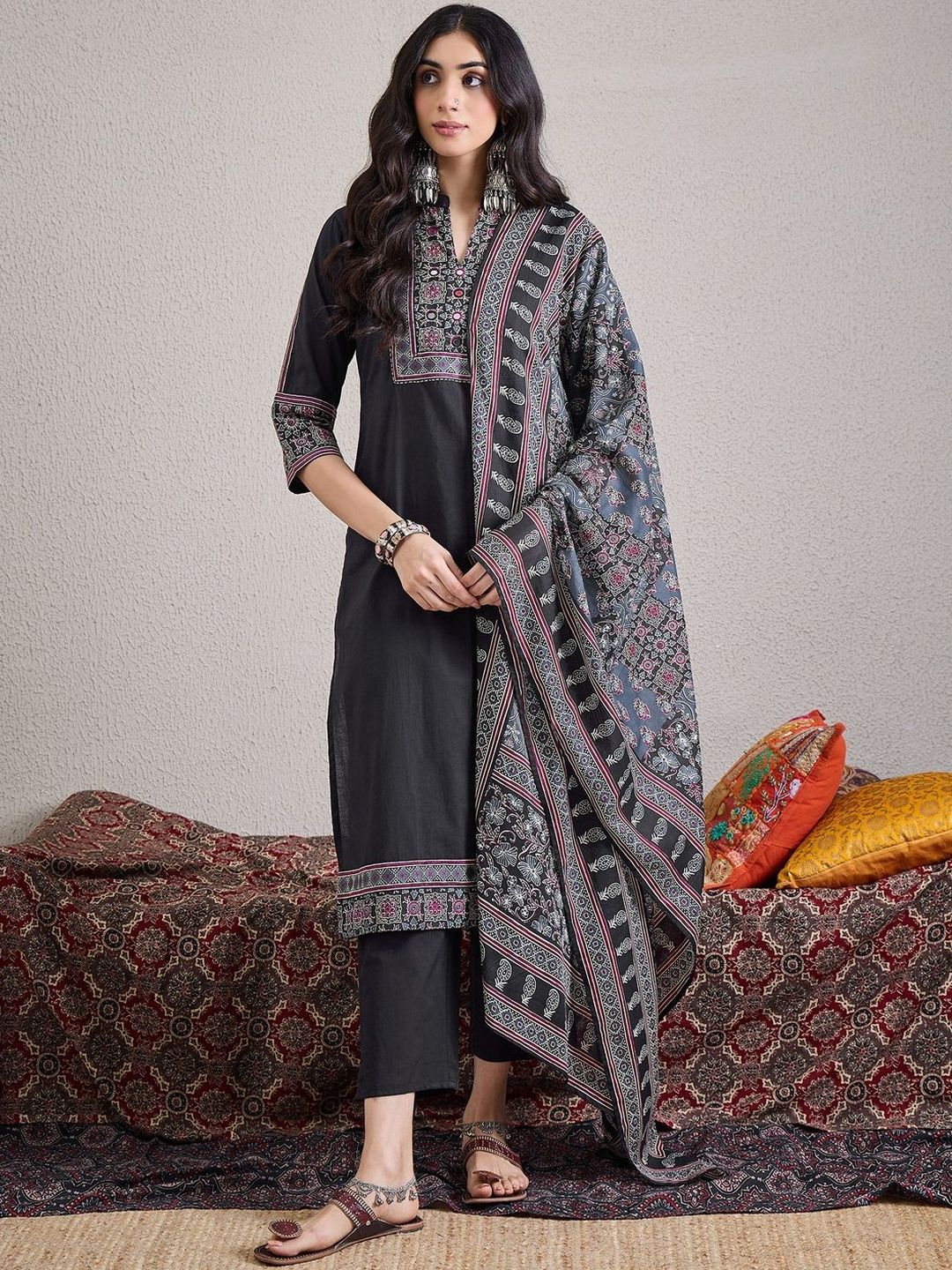 Dhiyona IE Ethnic Motifs Printed Mirror Work Pure Cotton Kurta With Trousers & Dupatta