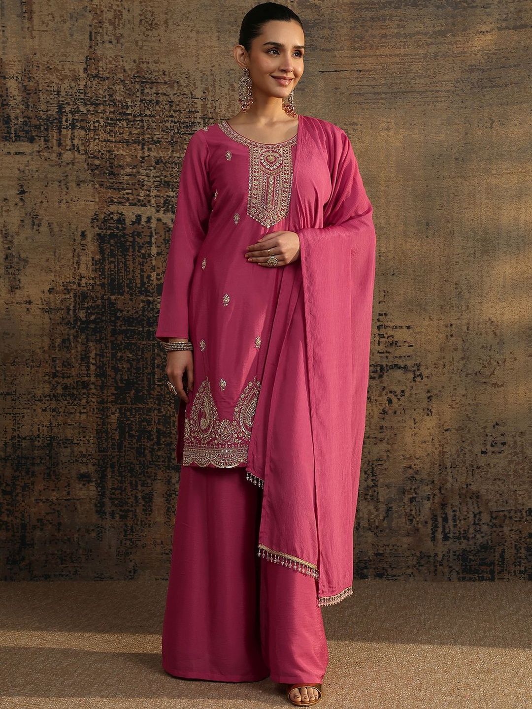 Dhiyona LL Women Ethnic Motifs Embroidered Regular Thread Work Kurta with Palazzos & With Dupatta